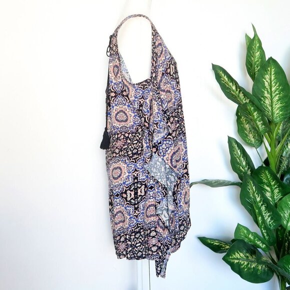 ASTR Blue Black Print Cold Shoulder Handkerchief Shift Mini Dress Tunic Coverup - Picture 9 of 13